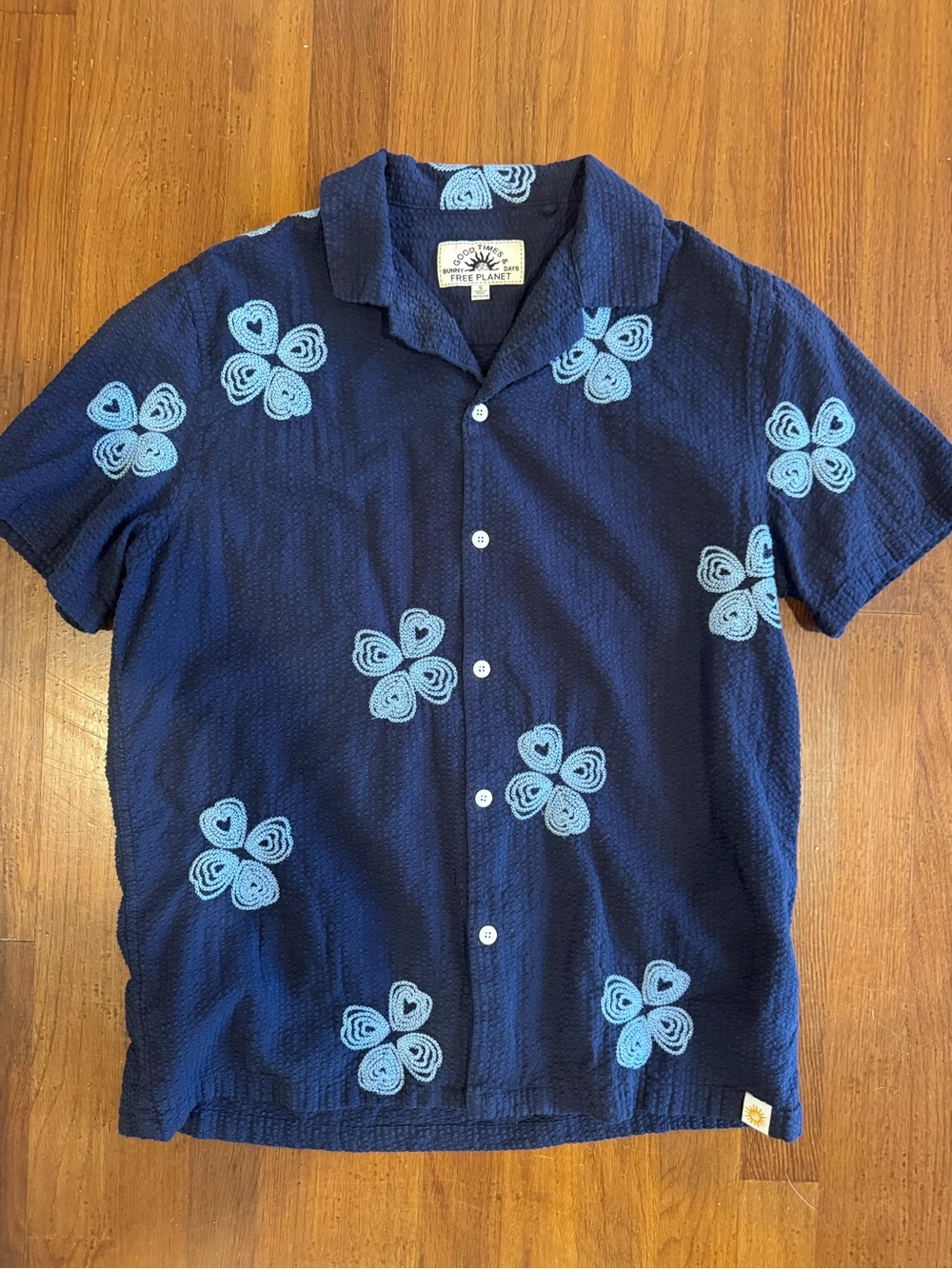 Free Planet Navy Short-Sleeve Button-Up with Light Blue Floral Motif
